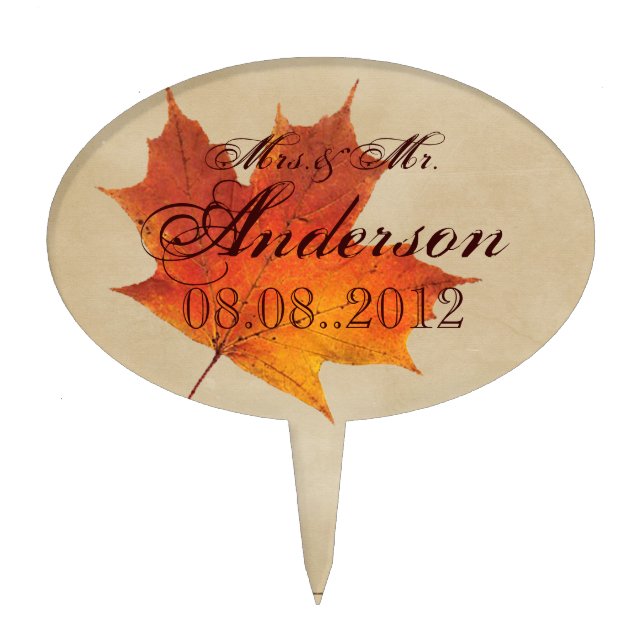 Autumn Orange Fall in Love Leaves Wedding Cake Topper (Front)