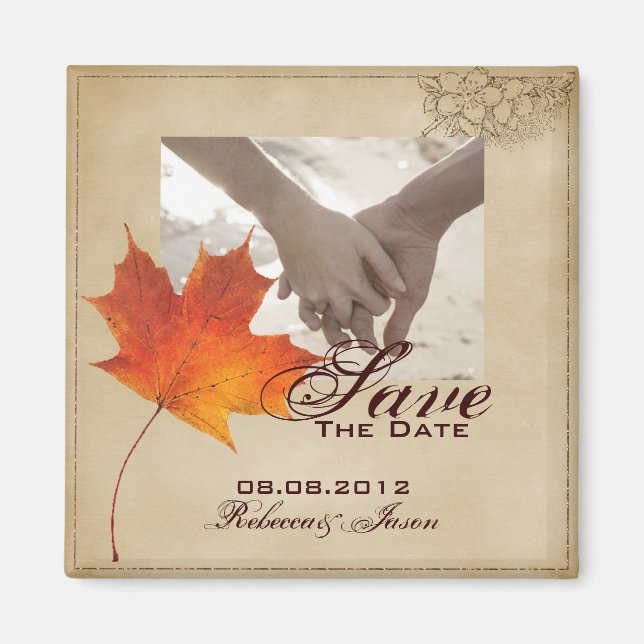 Autumn Orange Fall Leaves Wedding SAVE THE DATE Magnet (Front)