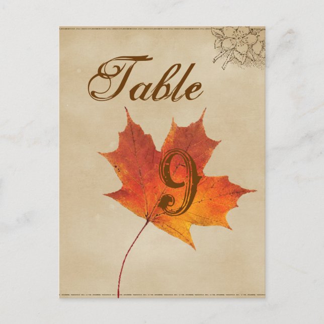 Autumn Orange Fall Leaves Wedding table numbers (Front)