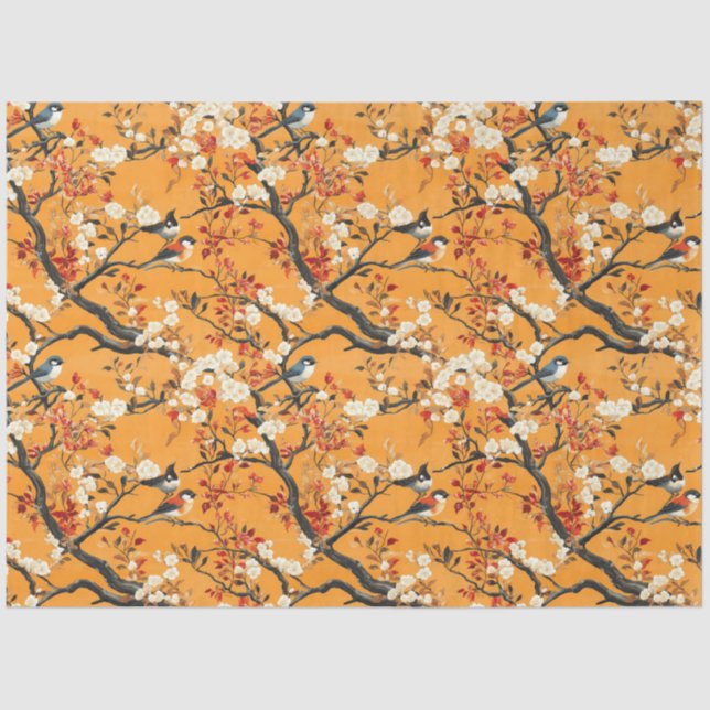 Autumn Orange Floral Birds Chinoiserie Tissue Paper (Front)