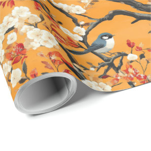 Autumn Orange Floral Birds Chinoiserie Wrapping Paper