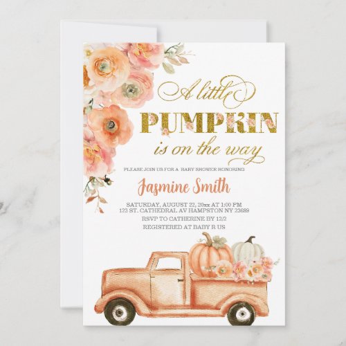 Autumn Orange Floral Pumpkin Truck Baby Shower Invitation