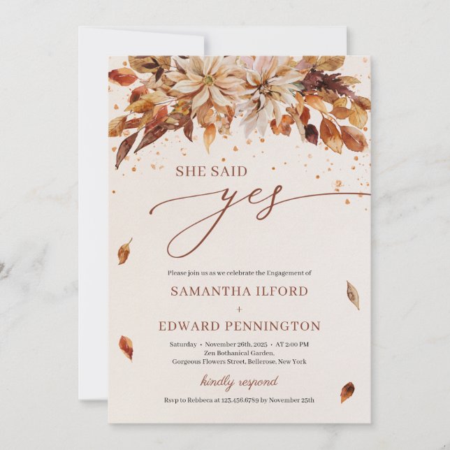 Autumn Orange Flowers She Said Yes Engagement Invitation (Front)