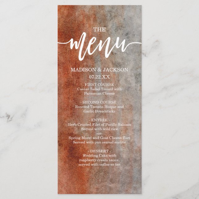 Autumn Orange & Gray Watercolor Wedding Menu (Front)