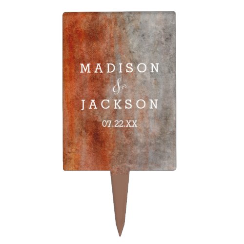 Autumn Orange Gray Watercolor Wedding Monogram Cake Topper