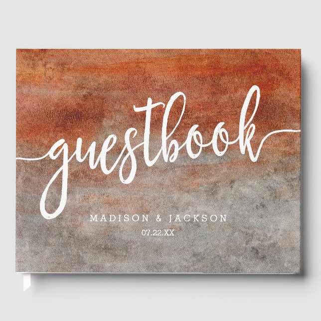 Autumn Orange Gray Watercolor Wedding Monogram Guest Book (Front)