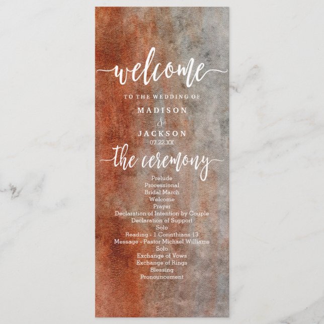 Autumn Orange Gray Watercolor Wedding Program (Front)