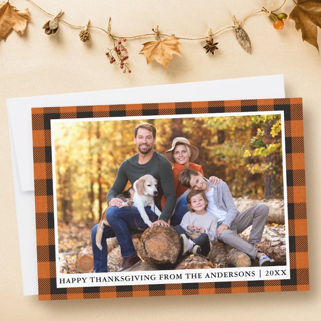 Autumn Orange Plaid Happy Thanksgiving Photo Holiday Card (Customize to change text size or text style.)