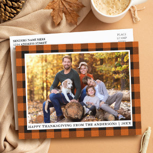 Autumn Orange Plaid Photo Happy Thanksgiving Postcard