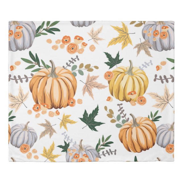 Autumn orange pumpkin and flowers pattern duvet cover (Front)