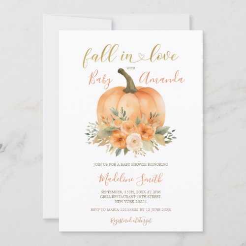 Autumn Orange Pumpkin Fall In Love Baby Shower Invitation