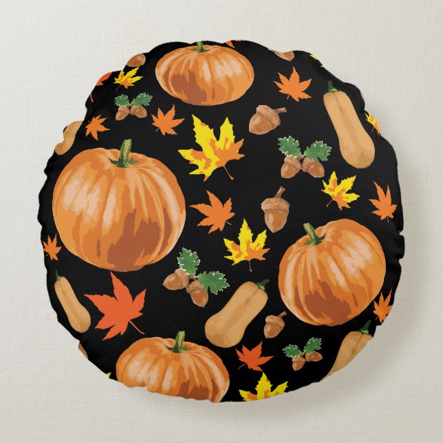 Autumn Orange Pumpkin Fall Pattern Round Pillow (Front)