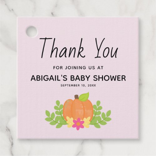 Autumn Orange Pumpkin Pink Baby Shower Thank You Favor Tags