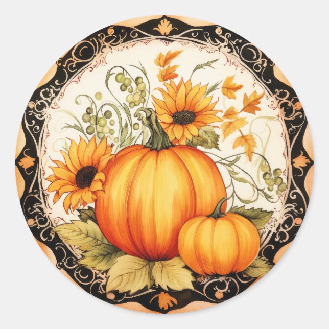 Autumn Orange Pumpkins Floral  Classic Round Sticker (Front)