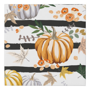 Autumn orange pumpkins, flowers, leaves, striped b faux canvas print