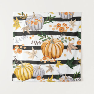 Autumn orange pumpkins, flowers, leaves, striped b tapestry