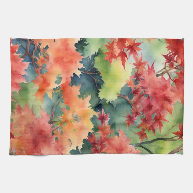 Autumn Orange Red Japanese Maple Trees Kitchen Towel (Horizontal)