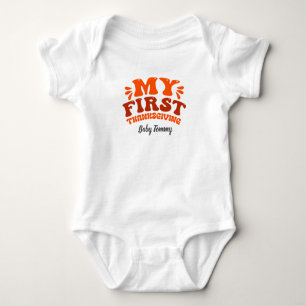 Autumn Orange Retro My First Thanksgiving editable Baby Bodysuit