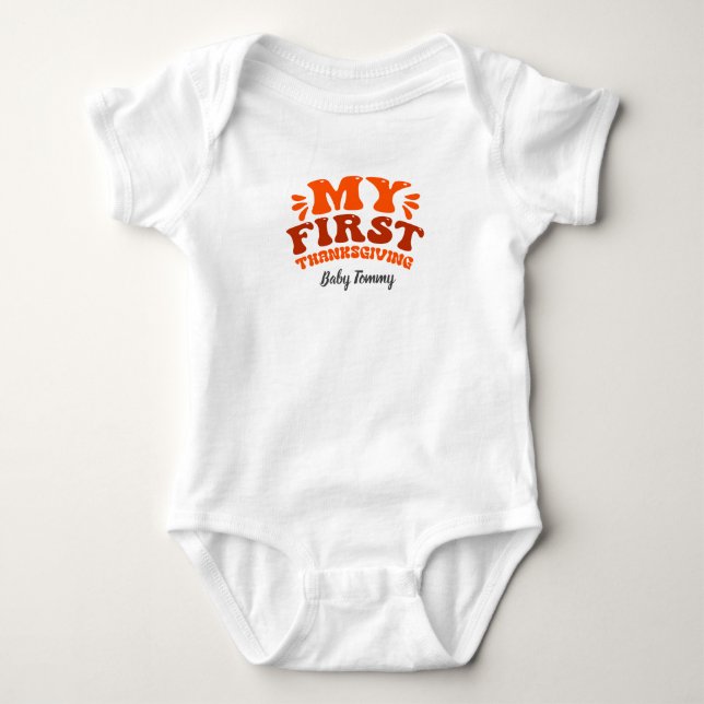 Autumn Orange Retro My First Thanksgiving editable Baby Bodysuit (Front)