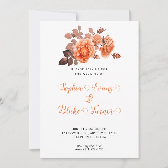 Autumn Orange Roses Bouquet White Wedding Invitation (Front)