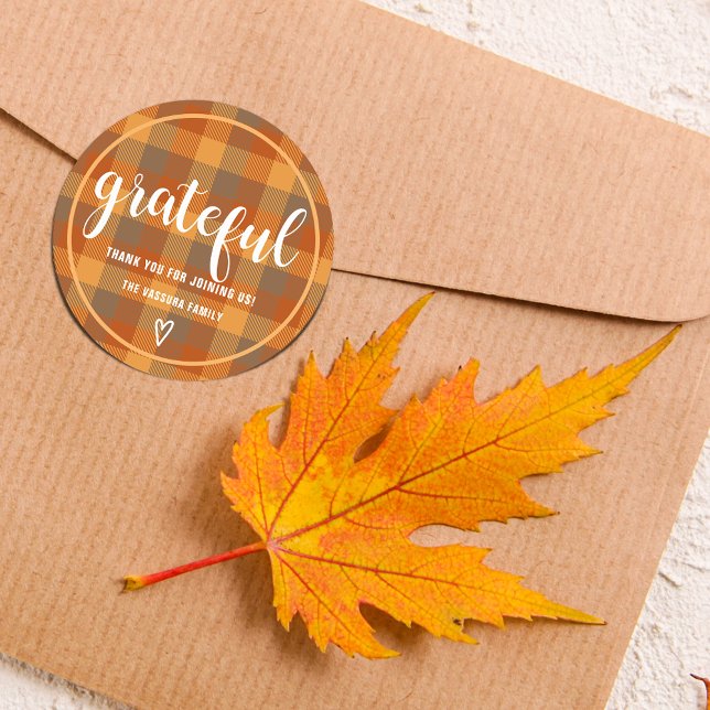 Autumn Orange Tartan Plaid Grateful Personalized Classic Round Sticker (Autumn Orange Tartan Plaid Grateful Personalized Classic Round Sticker)