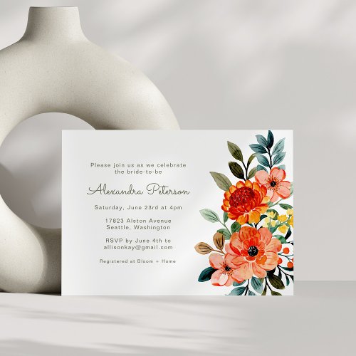 Autumn Orange Watercolor Floral Bridal Shower Invitation