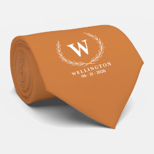 Autumn Orange White Laurel Monogram Wedding Name Neck Tie