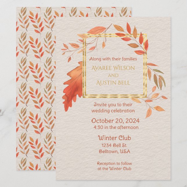 Autumn Orange Yellow Leaves Invitation (Front/Back)