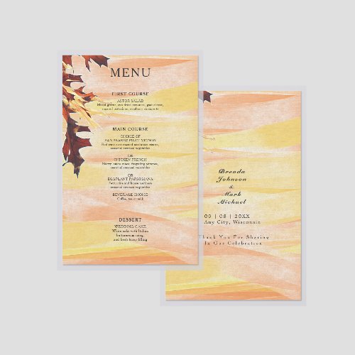Autumn Orange Yellow Leaves Wedding Laminated Menu