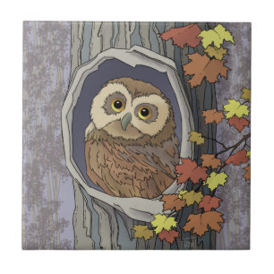 Autumn Owl and Fall Colors Ceramic Tile