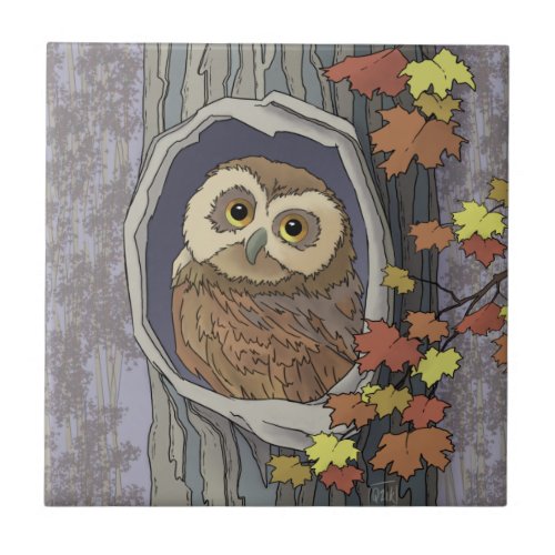  Autumn Owl and Fall Colors   Ceramic Tile
