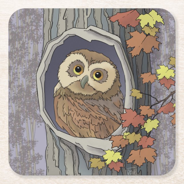  Autumn Owl and Fall Colors   Square Paper Coaster (Front)