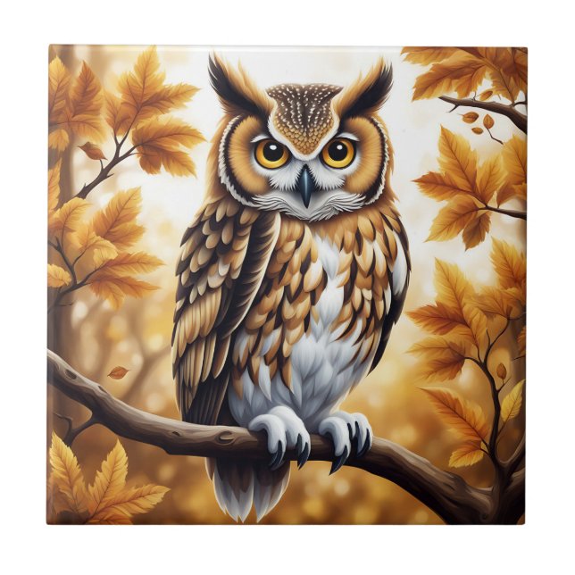 Autumn Owl Bird Ceramic Tile (Front)