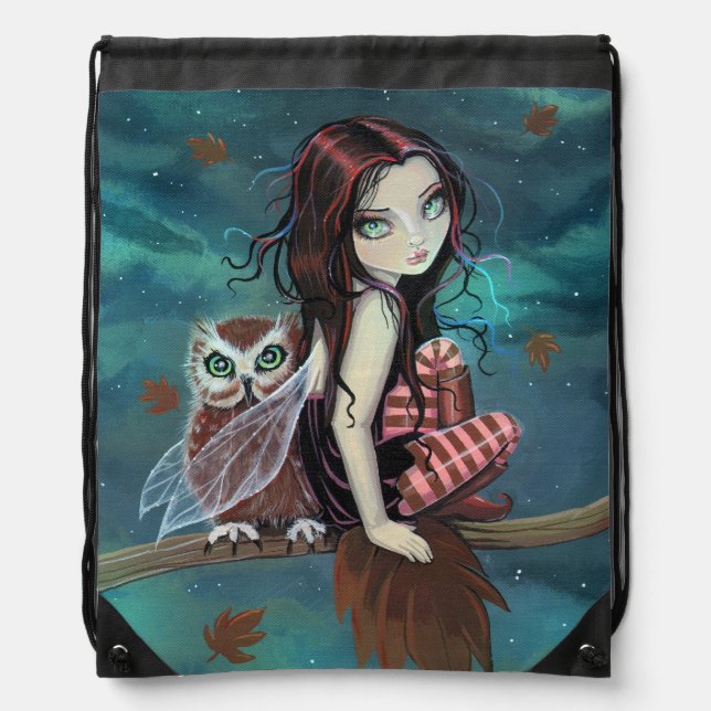 Autumn Owl Fairy Fantasy Art Drawstring Bag (Front)