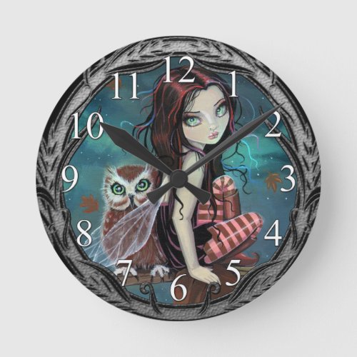 Autumn Owl Fairy Fantasy Art Wall Clock