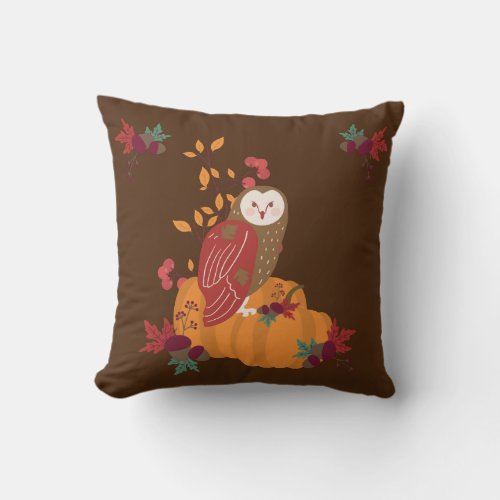Autumn Owl Fall Leaves  Pumpkins Pattern Brown Throw Pillow