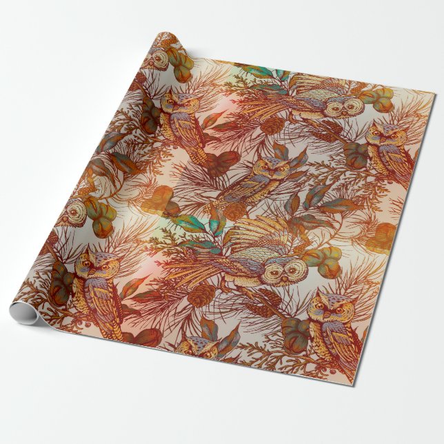 Autumn owl fall vintage wrapping paper (Unrolled)