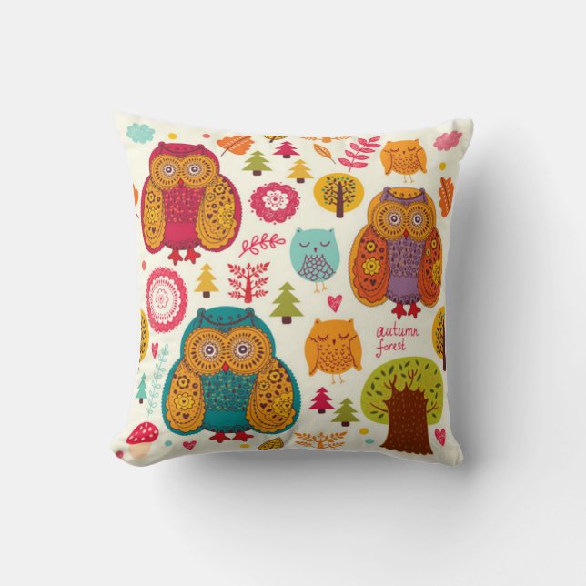 Autumn Owl Forrest Throw Pillow (Front)