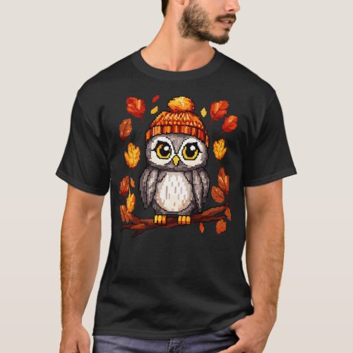 autumn owl in a knitted beanie hat pixel art 1 T_Shirt