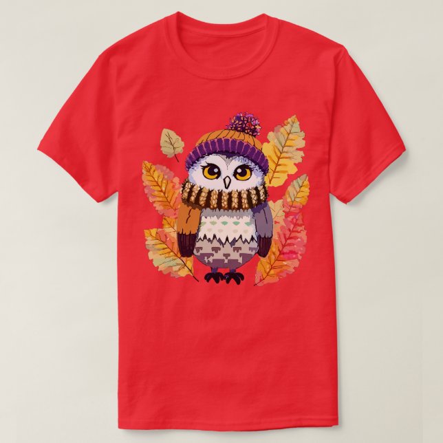 autumn owl in a knitted beanie hat pixel art T-Shirt (Design Front)