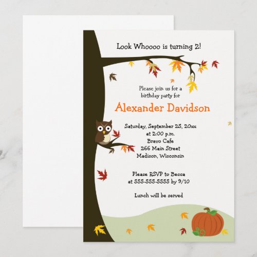 Autumn Owl in Tree Birthday Invitation 5x7