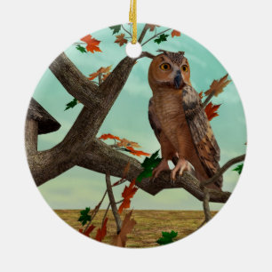 Autumn Owl Maple Tree Wildlife Art Ceramic Ornament