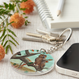 Autumn Owl Maple Tree Wildlife Art Keychain