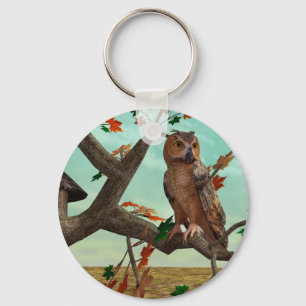 Autumn Owl Maple Tree Wildlife Art Keychain