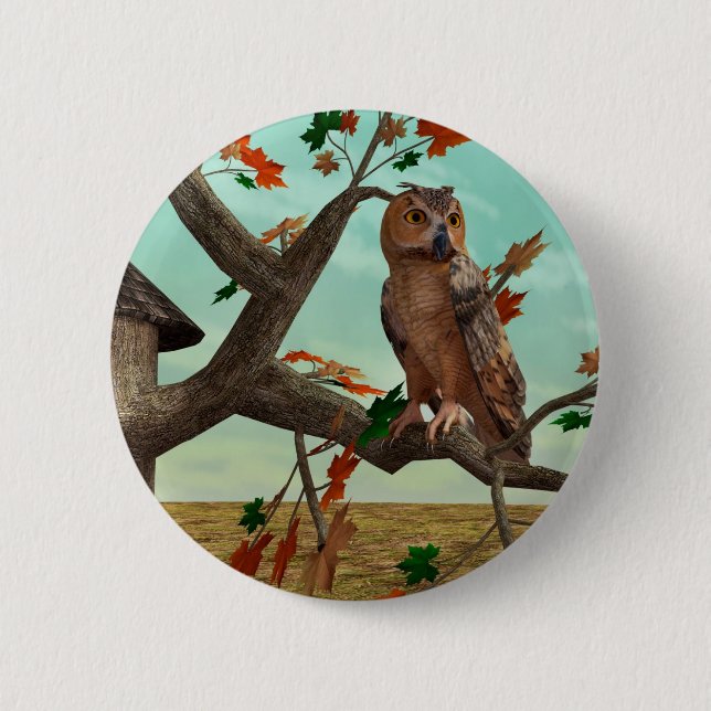 Autumn Owl Maple Tree Wildlife Art Pinback Button (Front)