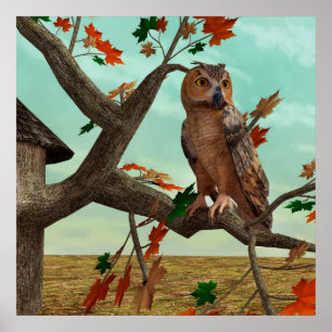 Autumn Owl Maple Tree Wildlife Art Poster
