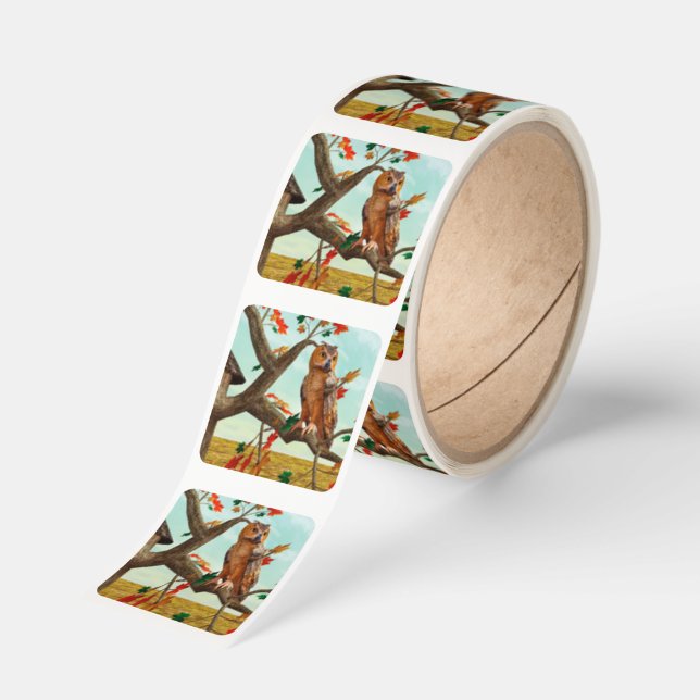 Autumn Owl Maple Tree Wildlife Art Square Sticker (Roll)