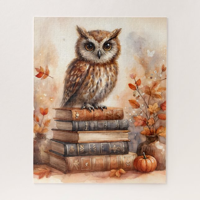 Autumn Owl on Bookstack With Fall Leaves Jigsaw Puzzle (Vertical)
