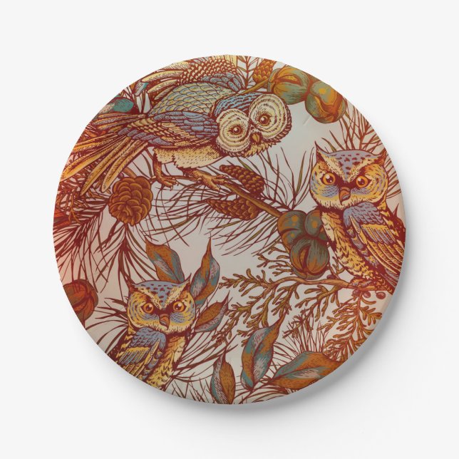 Autumn owl vintage fall paper plates (Front)