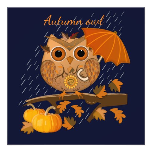 Autumn owl with umbrella and custom text photo print